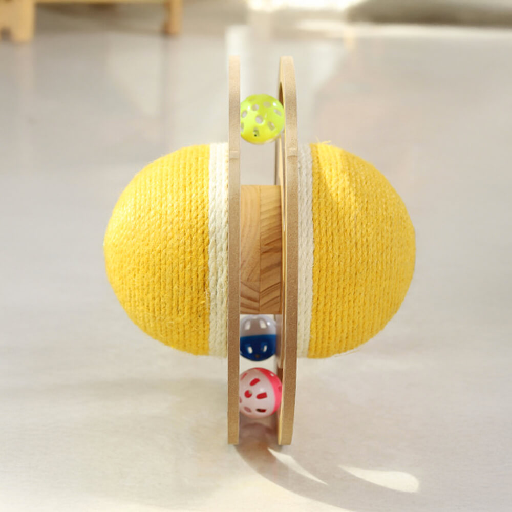 Interactive sisal scratching ball cat toy, designed for indoor cats, with a sturdy wooden base