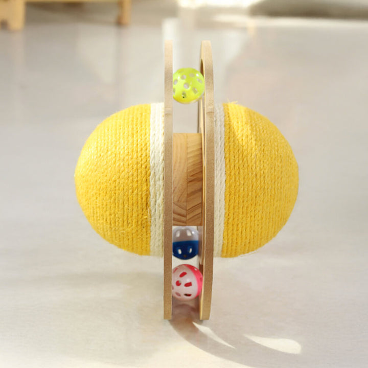Interactive sisal scratching ball cat toy, designed for indoor cats, with a sturdy wooden base