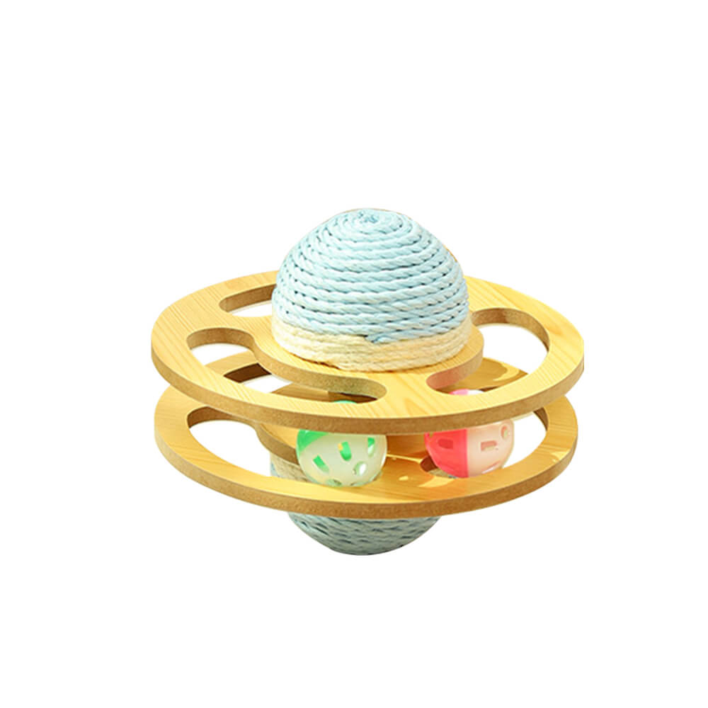 Cat blissfully engaged with an interactive sisal scratching ball cat toy, saving furniture