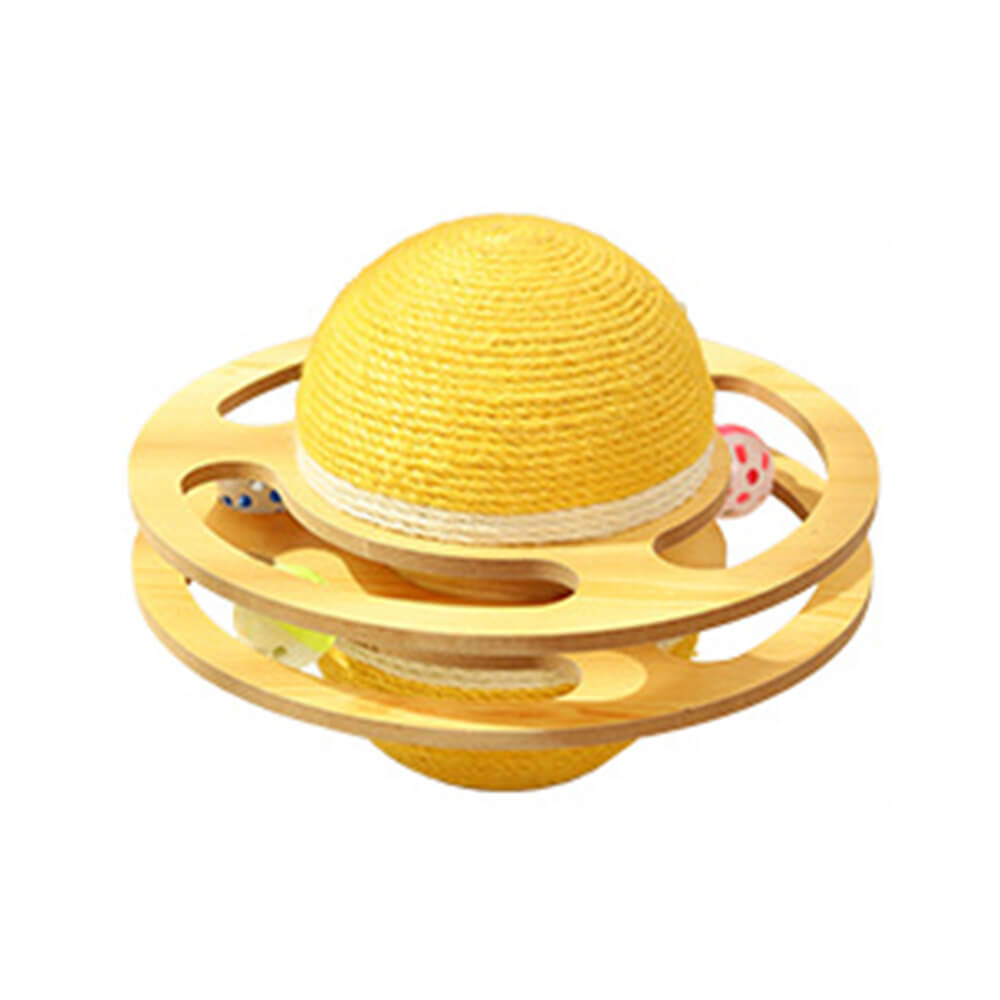 Detailed view of the textured sisal scratching ball and smooth wooden frame of the cat toy