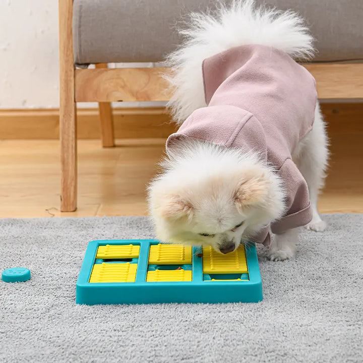 Close-up of a dog using an interactive snuffle mat, searching for treats, enhancing mental health
