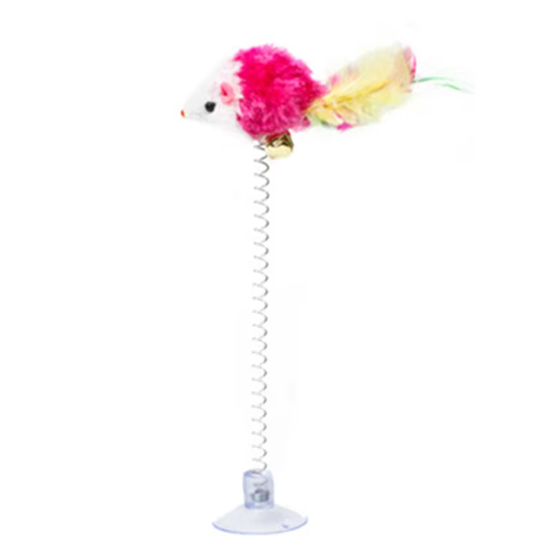 Packaging shot of the interactive spring mouse cat toy, highlighting its features and benefits.