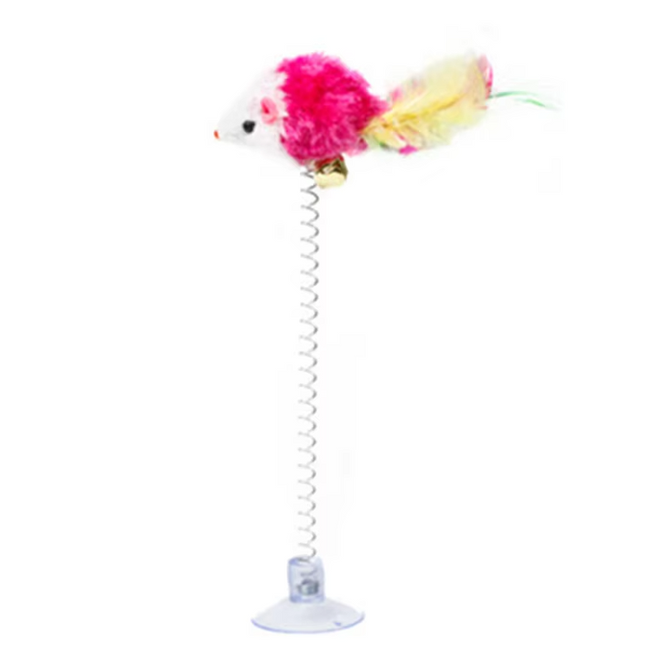 Packaging shot of the interactive spring mouse cat toy, highlighting its features and benefits.