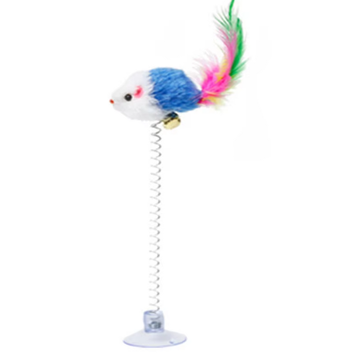 A happy cat engaged in solo play with the flexible spring mouse suction cup toy.