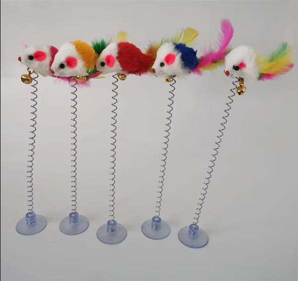 Suction cup interactive cat toy featuring a plush mouse on a flexible spring, pet supplies.