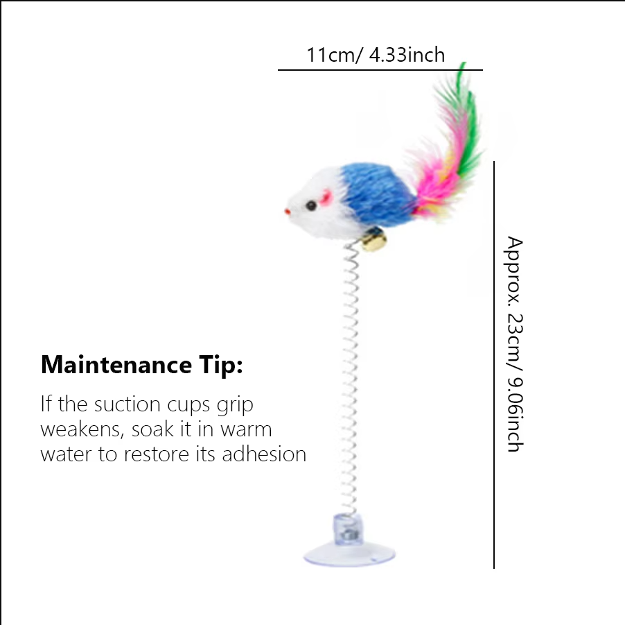 Spring mouse cat toy with a large suction cup, perfect for floor or window enrichment.