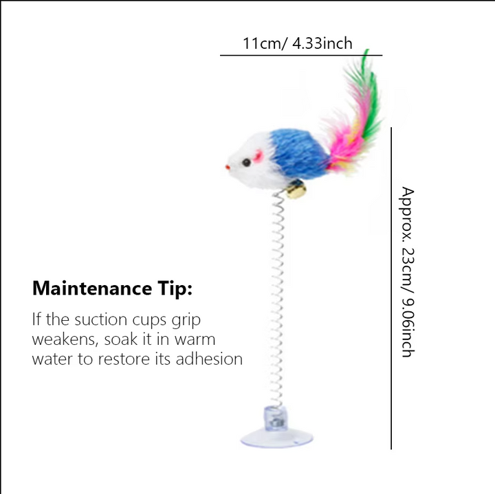 Spring mouse cat toy with a large suction cup, perfect for floor or window enrichment.