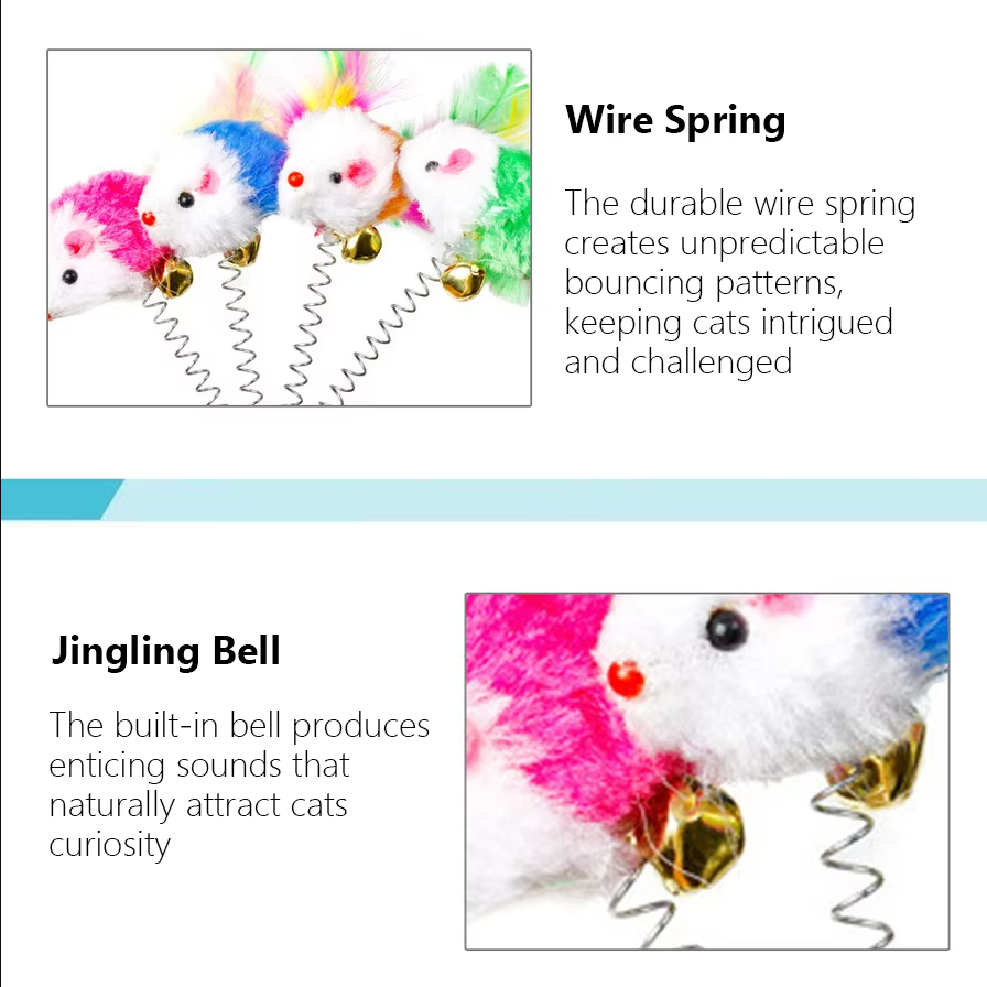 Overview of an interactive cat toy: spring with a grey mouse and a clear suction cup base.