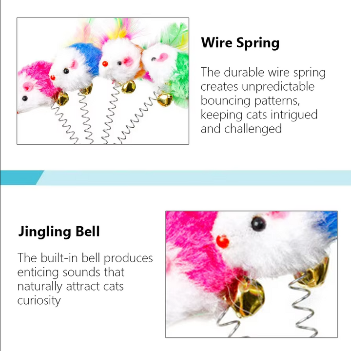 Overview of an interactive cat toy: spring with a grey mouse and a clear suction cup base.