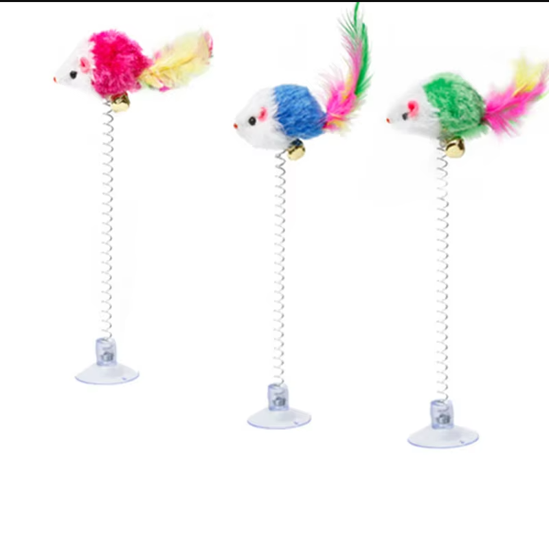 Feline enrichment interactive spring mouse toy secured with a robust suction cup for active play.
