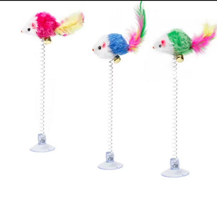 Feline enrichment interactive spring mouse toy secured with a robust suction cup for active play.