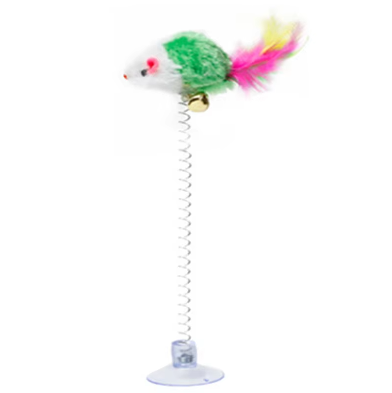 Detail view of the suction cup base of the interactive spring mouse cat toy, pet playtime item.