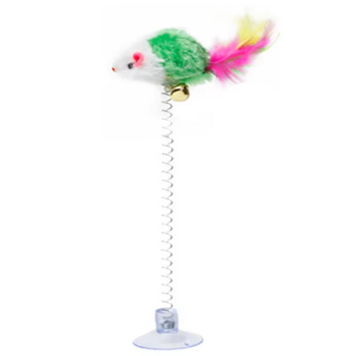 Detail view of the suction cup base of the interactive spring mouse cat toy, pet playtime item.
