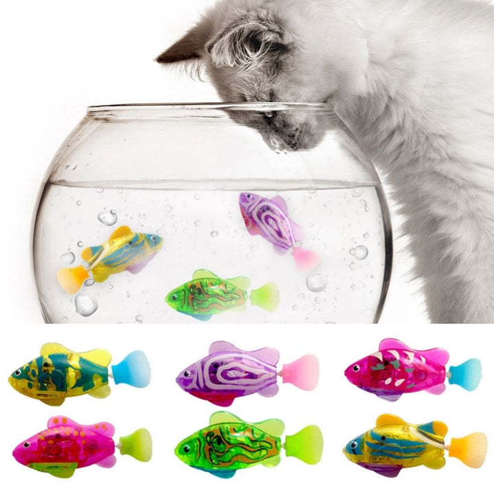 Interactive swimming fish cat toy with LED lights for feline fun and exercise in water.