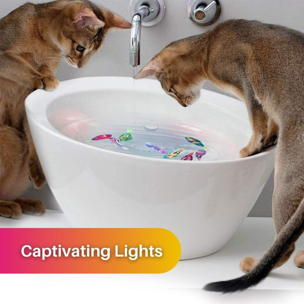 Electronic swimming fish water toy with LED lights for cats, providing endless interactive play & entertainment.