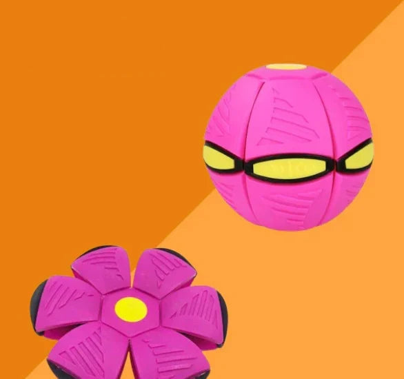 Brightly colored transforming disc ball dog toy bouncing on grass, demonstrating its durable and playful nature