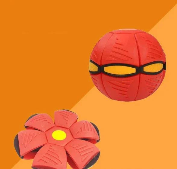 Hand holding the interactive transforming disc ball dog toy in its compact disc shape, ready for throwing