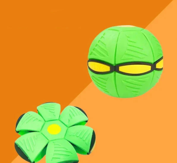 Pup playing with the interactive transforming disc ball dog toy, showcasing its ball form, for engaging pet play