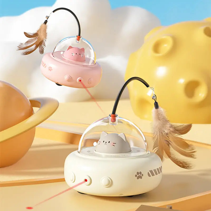 Interactive UFO laser cat toy with a rotating red light and dangling feather, enriching feline playtime.