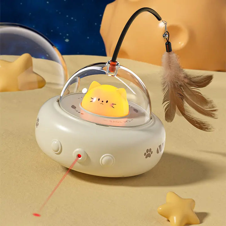 Pet supplies: UFO-shaped interactive cat laser toy featuring a playful feather attachment for felines.