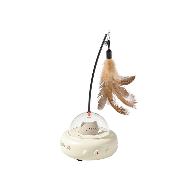 Feather cat toy and laser pointer combined in a UFO design, providing endless entertainment for pets.
