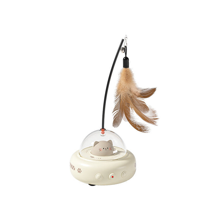Feather cat toy and laser pointer combined in a UFO design, providing endless entertainment for pets.