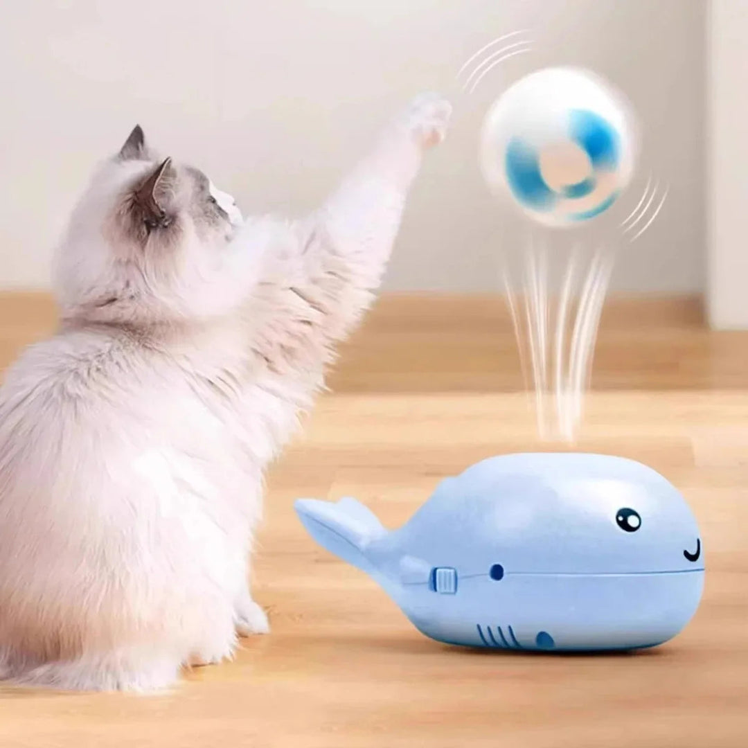 Unisex electric gliding ball cat toy, blue whale design, stimulating pet entertainment.