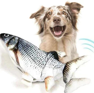 Interactive wiggling fish dog toy enticing a playful puppy on a carpet for active play.