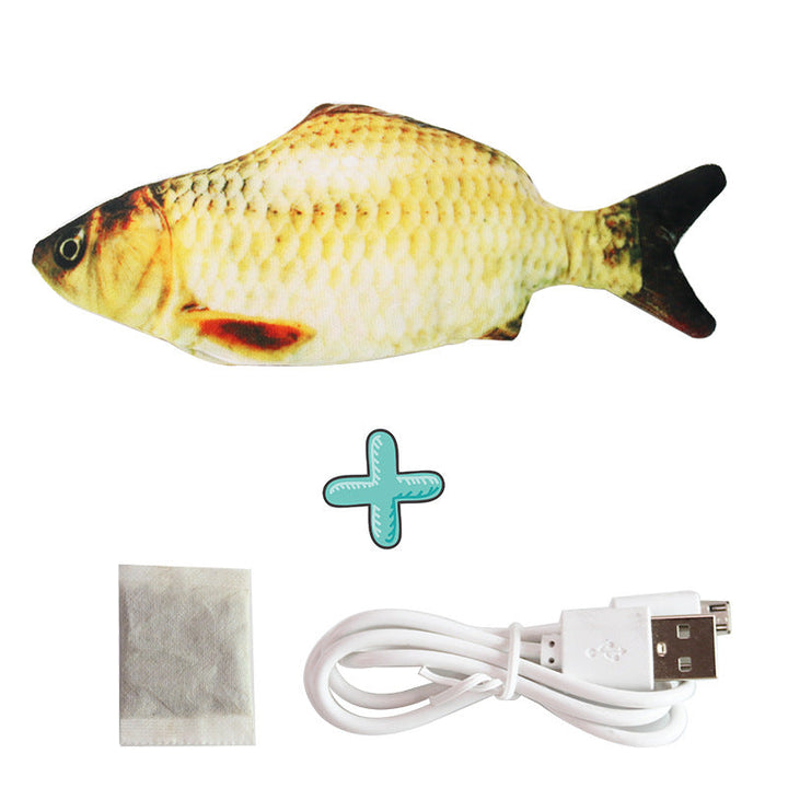Dog happily batting at an interactive wiggling fish dog toy, promoting active entertainment.