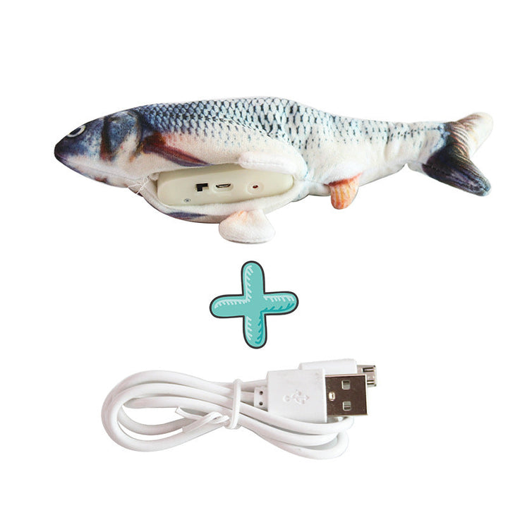 Playful dog engaged with a wiggling fish dog toy, an ideal interactive pet toy.