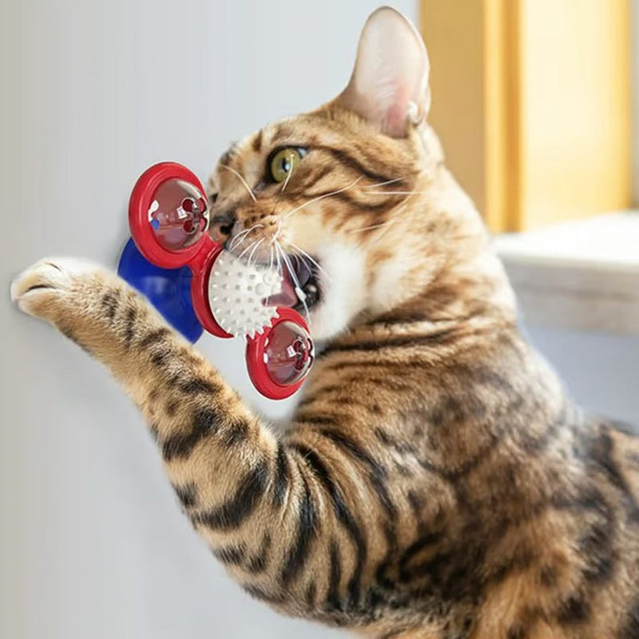 Close-up of the catnip dispenser on an interactive windmill cat toy, attracting feline attention.