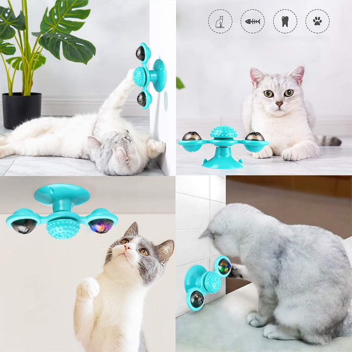 Windmill cat toy with suction cup mount, offering mental stimulation and catnip fun for pets.