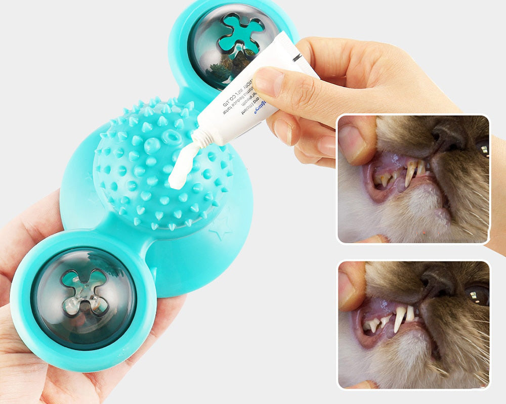 Interactive feline toy, a windmill design with embedded catnip balls for dental hygiene.