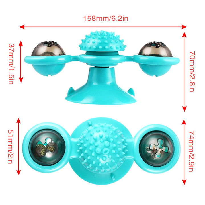 Brightly colored catnip windmill toy, an enticing pet supply for playful cats and kittens.
