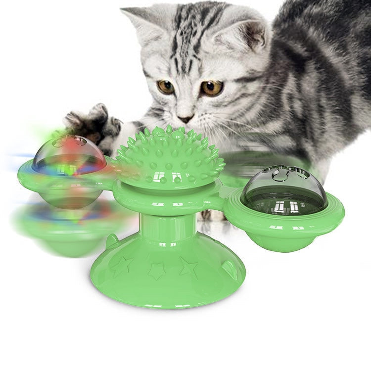 Suction cup windmill cat toy with catnip, ensuring interactive fun and mental engagement for pets.