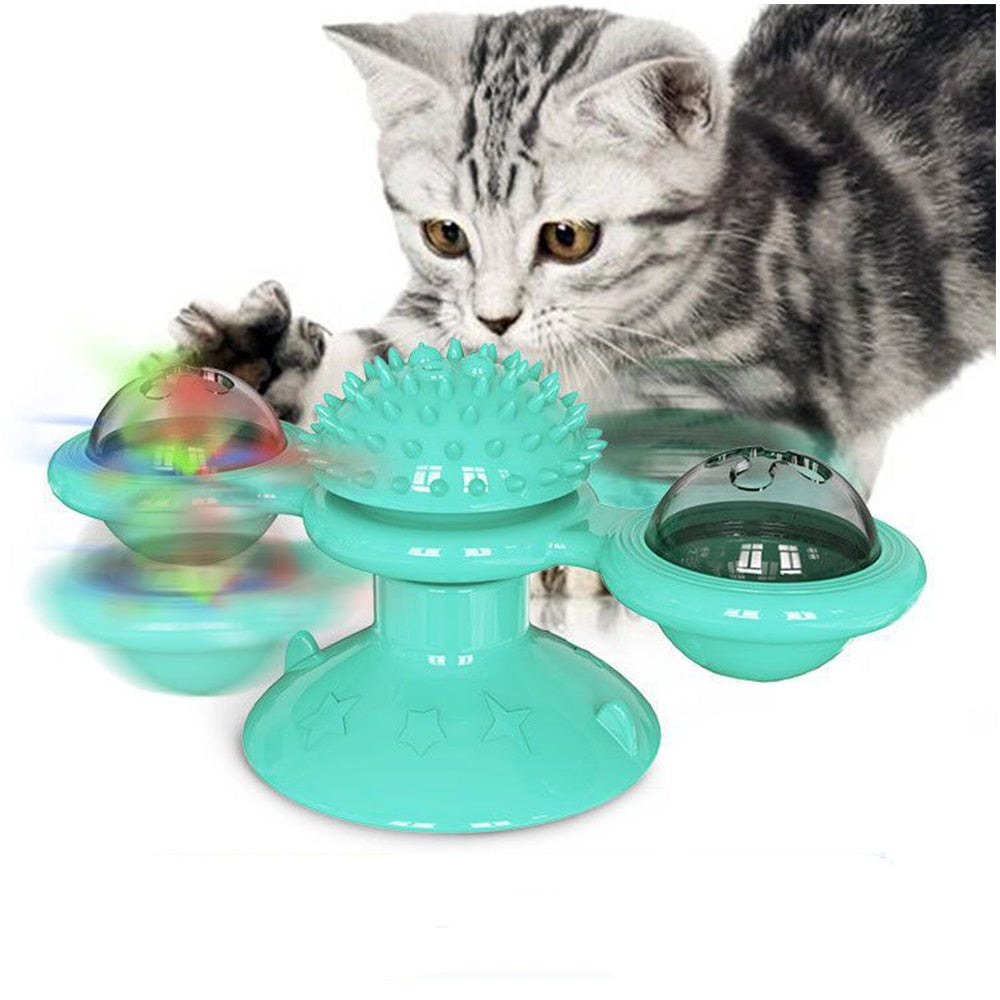 Windmill catnip toy, designed to be spun by cats, promoting dental health and active playtime.