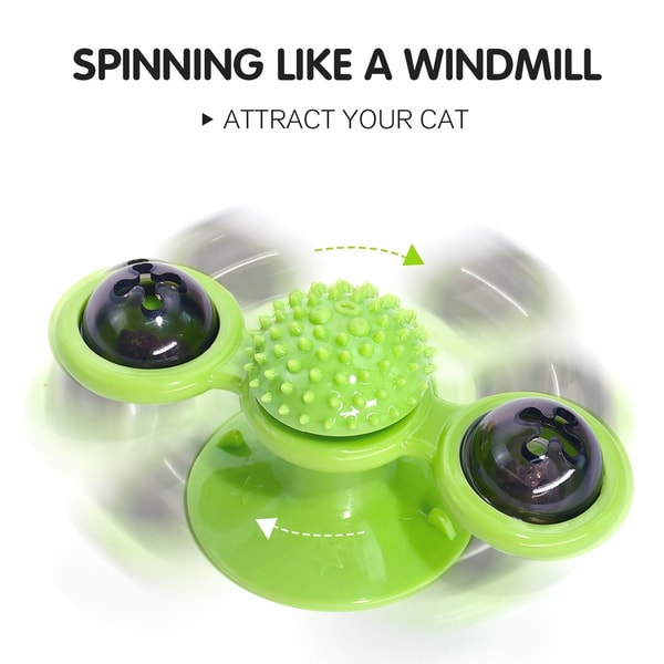 Whirligig cat toy with suction cup base, featuring catnip balls for engaging playtime.