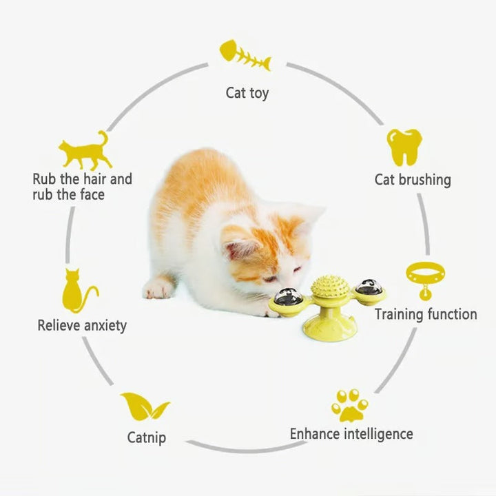 Spinning windmill cat toy, infused with catnip, promotes healthier teeth and active playtime.