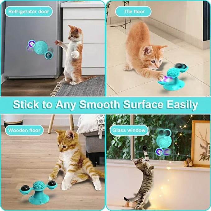 Dental care cat toy: a spinning windmill with catnip balls, designed to clean feline teeth.