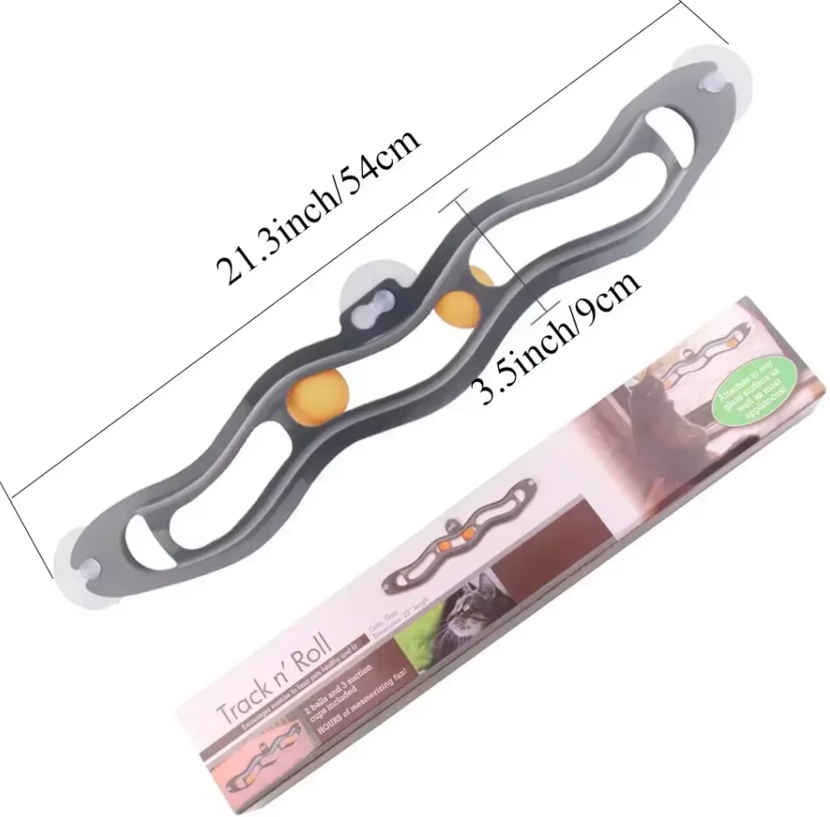 Packaging for an interactive window cat track toy with movable balls, highlighting its enrichment features.