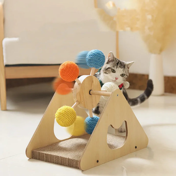 Interactive wooden cat ferris wheel toy with sisal scratching pads for feline entertainment
