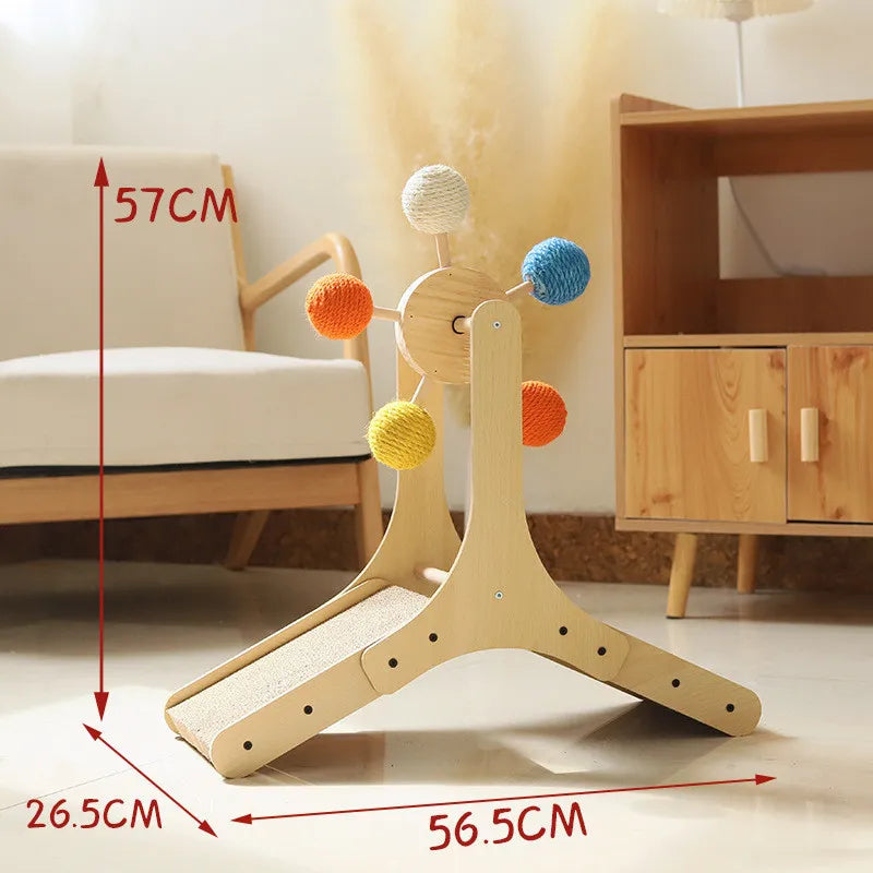 High-angle view of interactive cat ferris wheel toy, a fun wooden and sisal pet entertainment