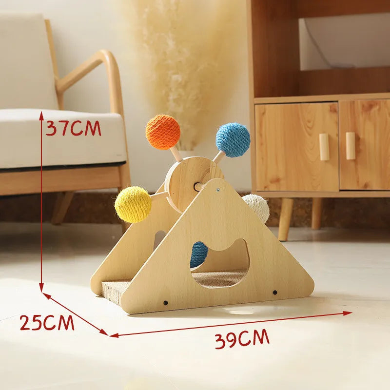 Detailed image of the sisal scratching surface on a wooden interactive cat ferris wheel toy