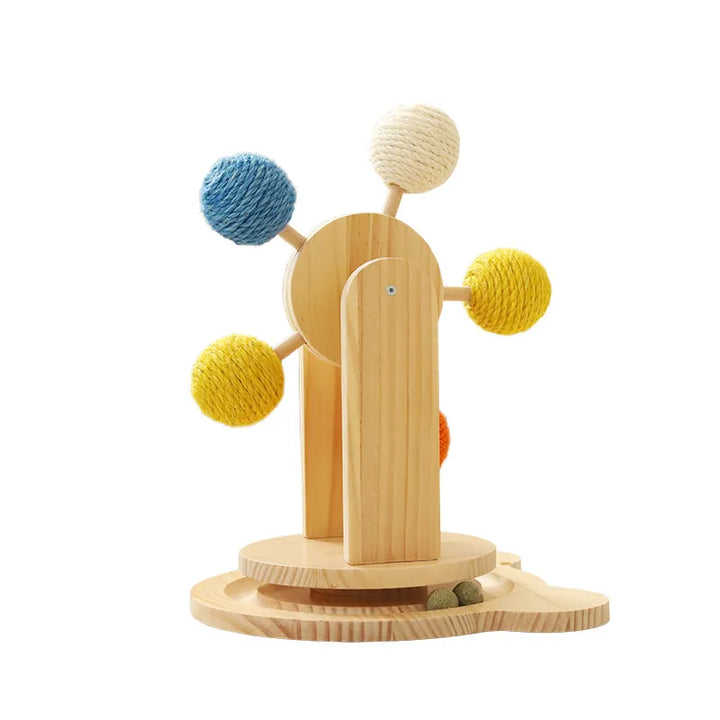 Interactive cat toy, wooden ferris wheel design with sisal scratcher, perfect for cat exercise
