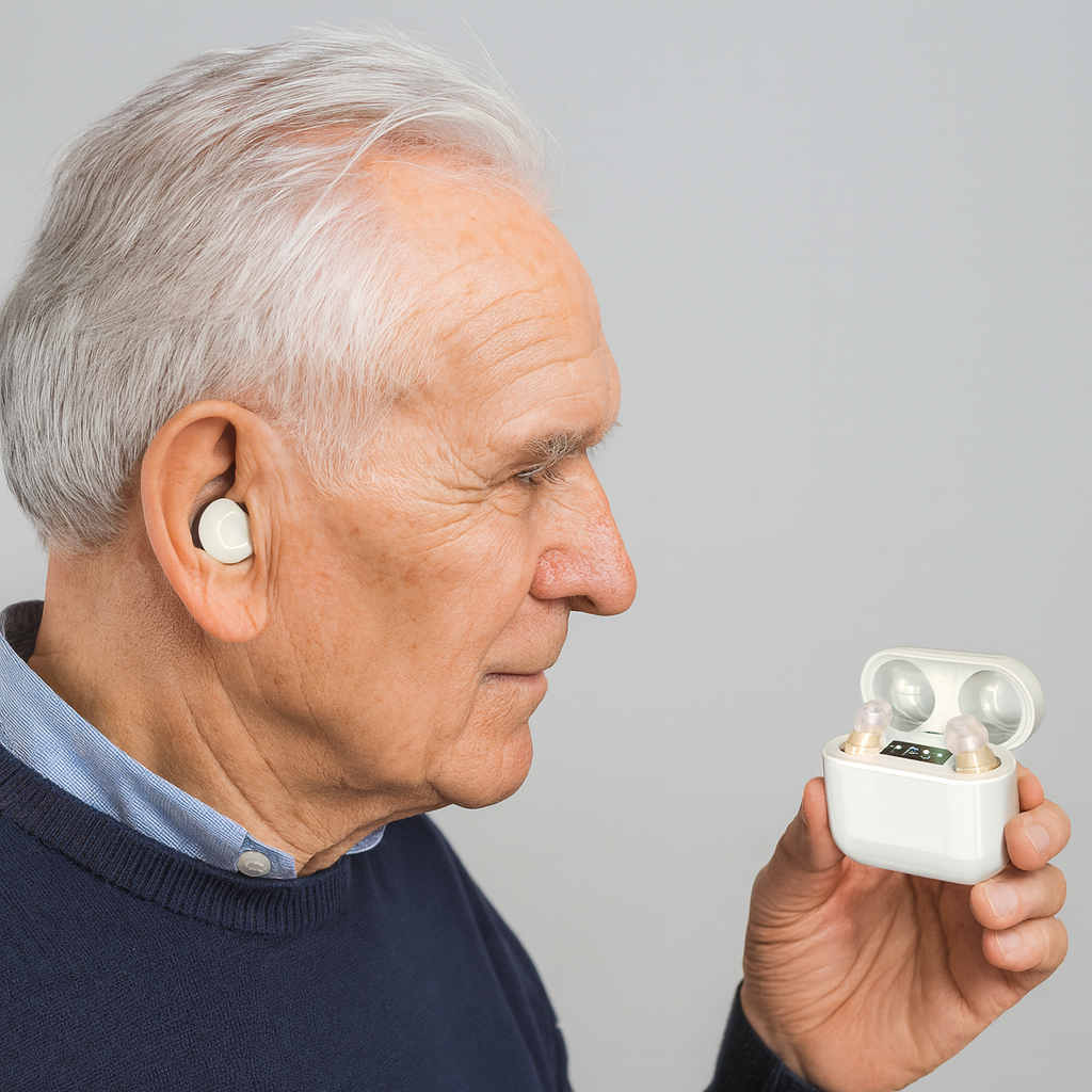 Invisible in-ear hearing amplifier with clear digital display, enhancing sound clarity for discreet personal audio.