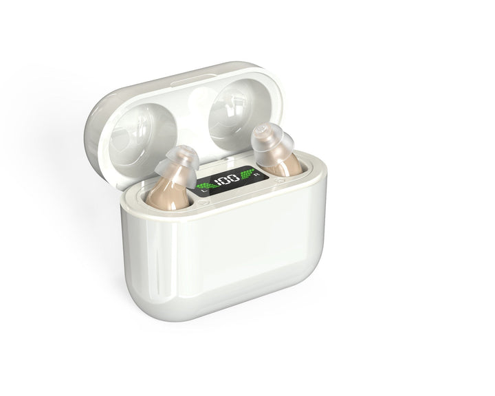 Rechargeable, discreet unisex in-ear hearing amplifier, offering superior sound clarity for daily audio enhancement.