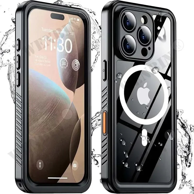 IP68 waterproof full-body diving case with magnetic fit for iPhone. Shockproof, adventure-ready protection.