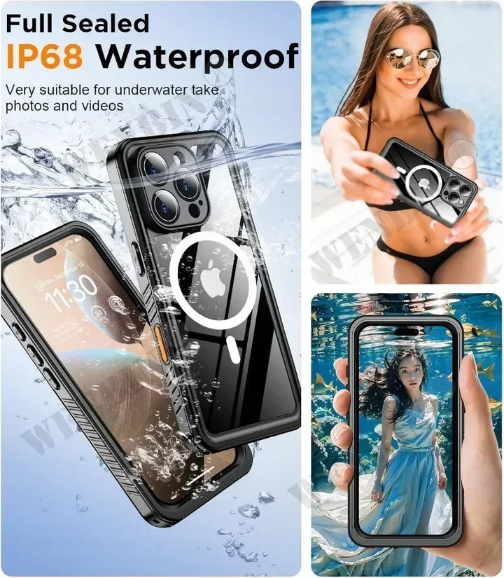 Magnetic fit IP68 waterproof full-body iPhone case. Supports wireless charging, shockproof for outdoor adventures.