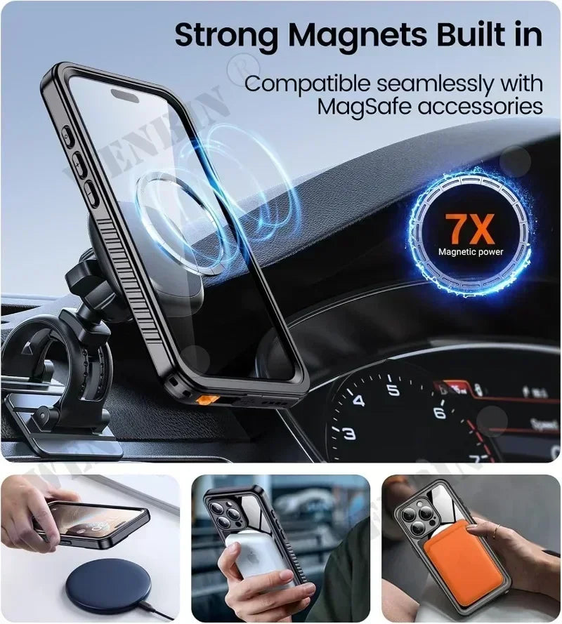 Adventure-proof IP68 waterproof full-body iPhone case. Shockproof, magnetic fit, ideal for outdoor activities.