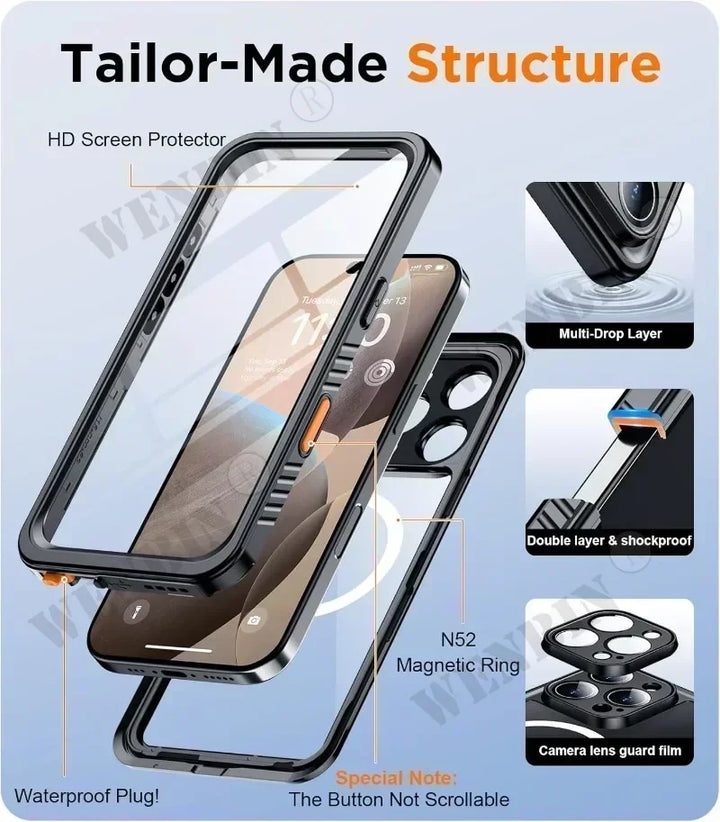 Robust IP68 waterproof full-body iPhone case. Shockproof, magnetic fit for ultimate protection & wireless charging.